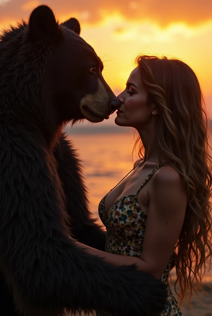 Couple,Hot white girl,sexy dress,gorilla furry man, beach