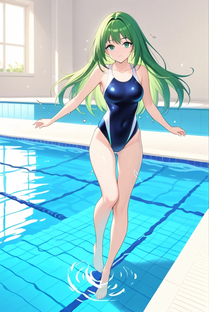 tatsumaki black swimsuit full body long legs green hair ((A person)) swimming pool