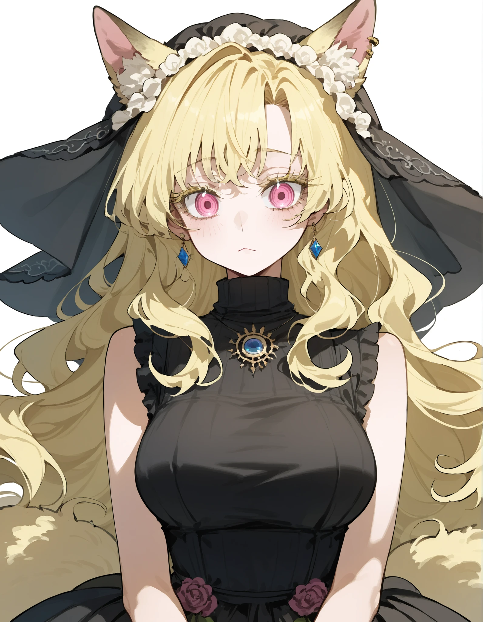 girl,Gold-White Hair,in pink eyes,girlมังกร,wolf hair cut,long hair,Long White Victorian Dress, Sleeveless Top,Long Eyelashes,Big Breasts,Fluffy Tail,Milf,Yellow hair,Has a long tail,Milf,Drooping ears,black veil,Wavy hair,Sharp eyes,Turtleneck,Animal ears,unobtrusive,Emotionless,upper body shape, Half eye ,Black Shirt,piercing ears