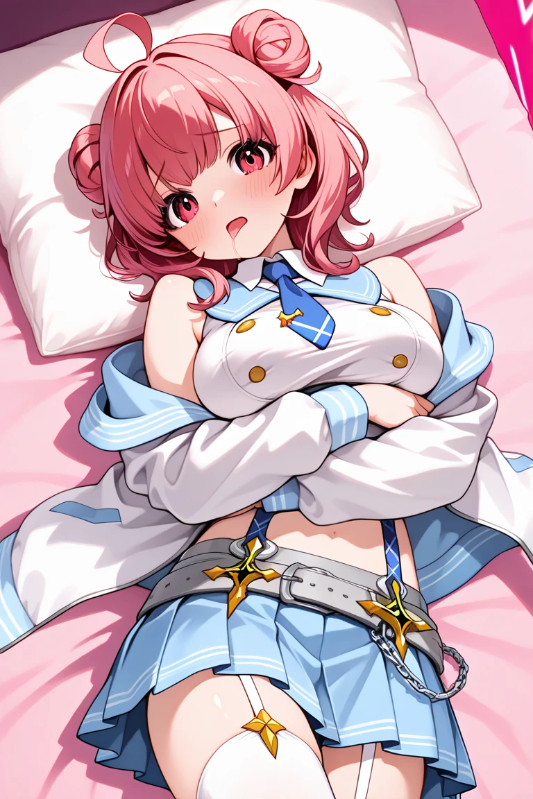 Big breasts, red hair, blue eyes, droopy eyes, elementary school student, super big breasts, (medium hair: 1), elementary school student, young face, short height, 10 years old, shy , smiling a little, soft hair,white Lingerie Set,bed,lying on back