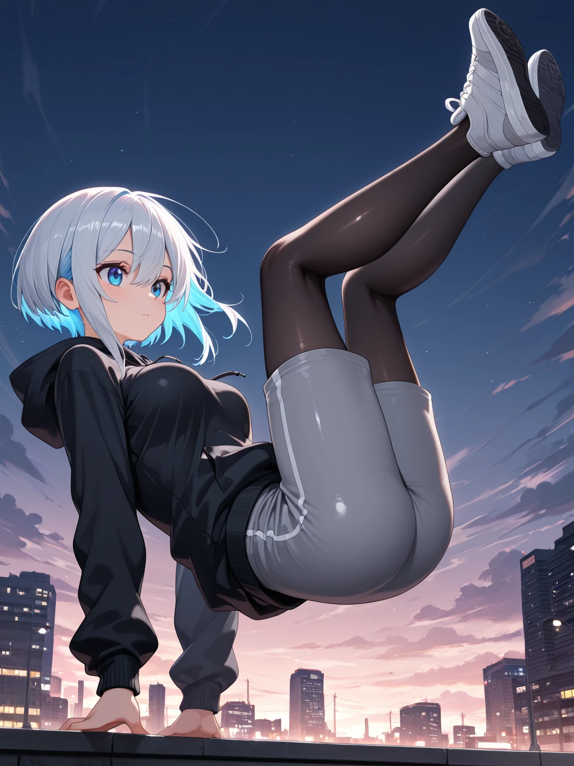 3d, 3d model, pussy, ass, open , pussy, beautiful face, eyes, purple eyes, black jacket, skyscrapers, girl, stockings on legs, animal ears, short hair, white sweatshirt, skirt, white cat tail, sneakers, extending hand, cat ears, white hair, purple eyes !3d