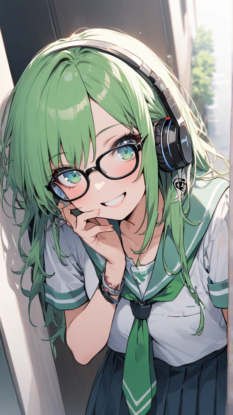 Masterpiece, best quality, 1girl, solo, 23 years old, adult, teal and green hair, messy hair, asymmetrical hair, ahoge, very short hair, aqua eyes, medium breasts,  toned, 167cm, pale skin, glasses, grin, olive green shirt, jeans, midriff peek,