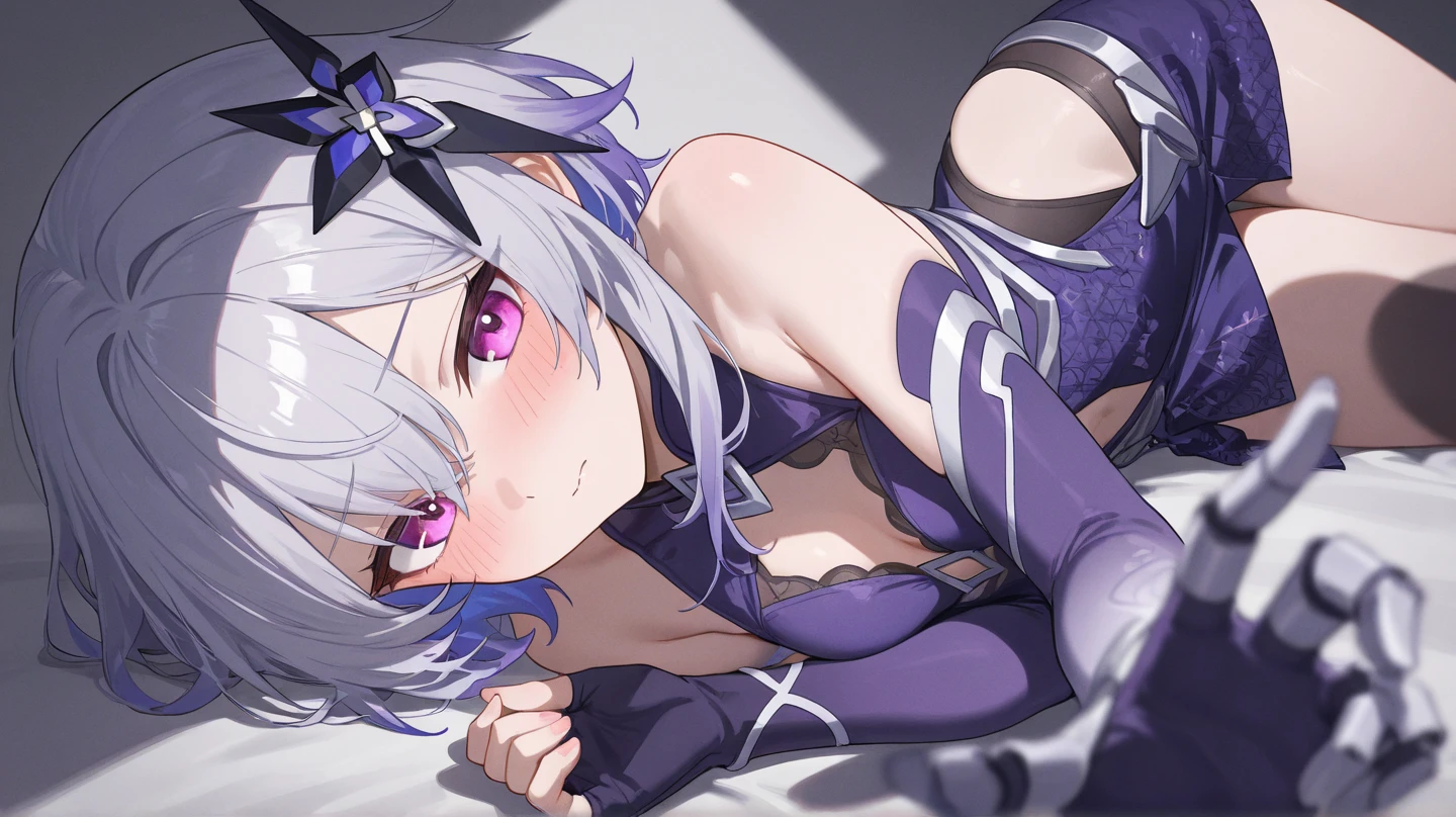 large breasts、wet.arms、looking at viewer、cowboy sot,(((overhead shot)))), ((((1girls/2boys))), spoken 〇〇、nsfw, penis, pussy, under boob,erect nipples present in the indoor pool,Sex between men and women、sketch、Purple Hair、She has a small ribbon on her head、Big Tits、doggystyle