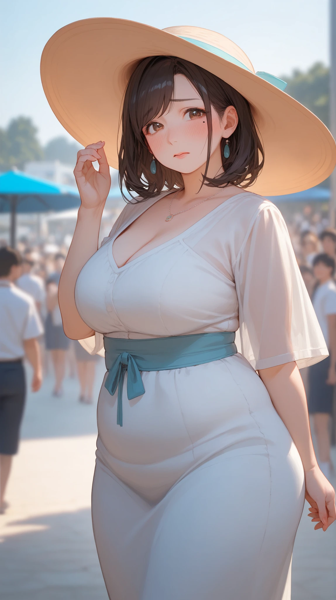 {{anime , whole body, source_anime, outdoors, colorful, vibrant, blurry background, looking at viewer, solo, crowd, }} mature female, asian, Japanese, fair skin, plump, mole under right eye, mature eyes, eyeliner, gentle eyes, black hair, swept bangs, brown eyes, medium hair, sidelocks, summer clothes, sun hat, curvy, overweight, chubby, blushing, embarrassed, insecure, pudgy, unconfident, adult, mature, 30 years old, slight fat folds, chubby waist,