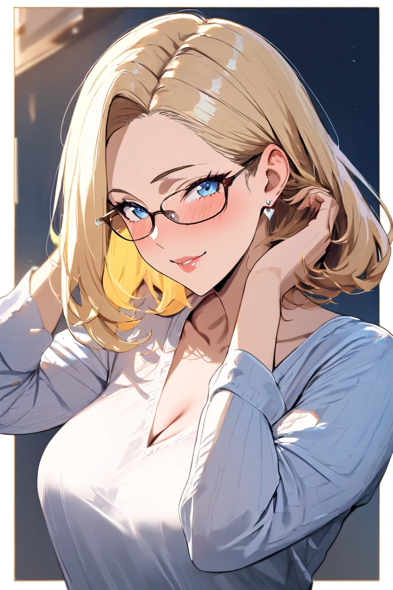 ((masterpiece:1.2, best quality)), 1lady, solo inne, glasses, long hair forehead, huge breasts, blonde, shirt, cleavage, portrait