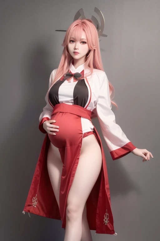 Pregnant woman with five breasts, clothes can&#39;t cover the exposed huge belly and there are fetal movements