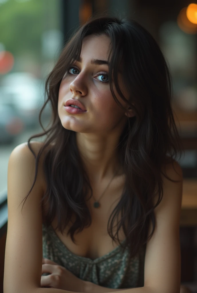 Seductive close-up photo, Denise Milani, bob hairstyle, fully nude, hands tied wrists, in class, ((tied wrists)), looking at viewer, soft light passing through hair, depth of field, bokeh