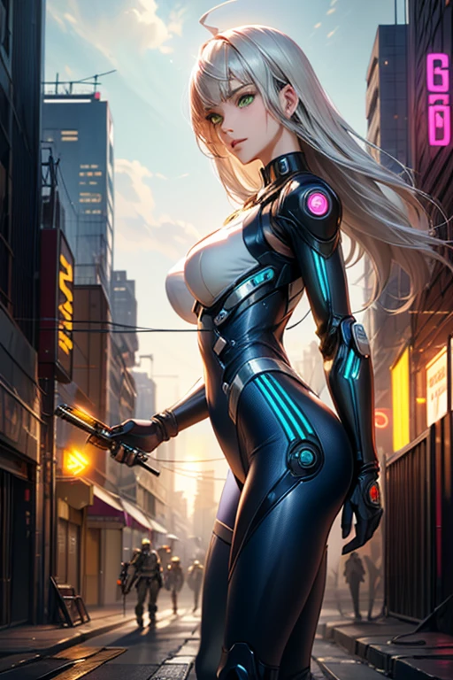 A very cute and wicked girl at the same time, biker clothes, Motorcycle of the future, Tokyo of the future, blonde, ponytails hair, cyberpunk biker jumpsuit, holding a skull shaped helmet, in the background a futuristic city with futuristic skyscrapers, tight clothing, intricate visual