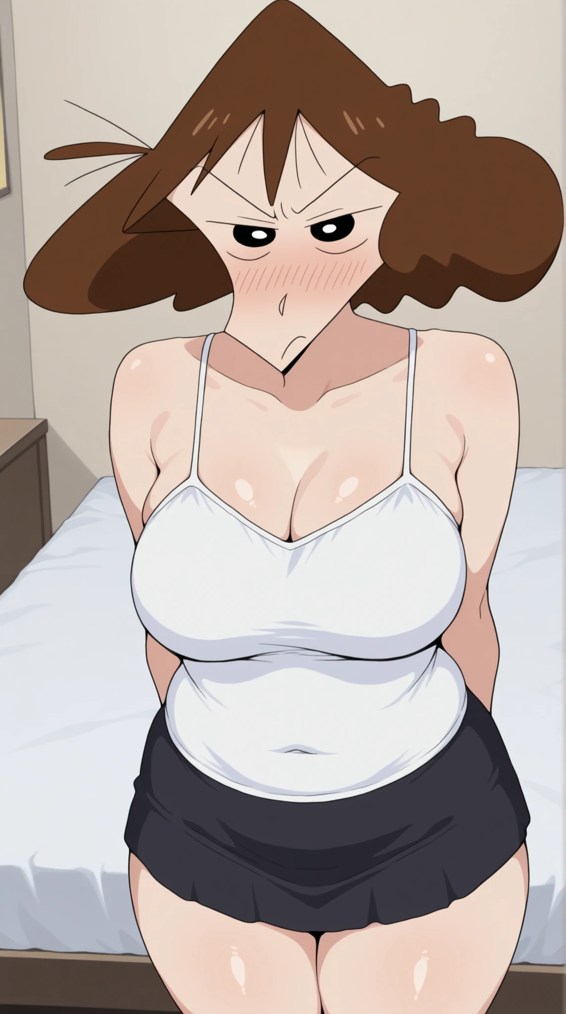 Generates a naked woman with giant breasts masturbating in her room on her bed while her mother catches her surprised why he is masturbating, while mom is showing her tits 