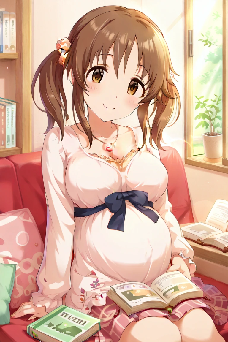 Follow Us, food yuuki, (brown eyes:1.5), brown hair, hair ornaments, hair Scrunchie, long hair, pink Scrunchie, Scrunchie, (flat chest:1.2),happy smile, smile, open your mouth,white tank top shirt,Belly button soup,shorts,barefoot,sneakers,sitting on the sofa,Pregnant, childbirth, work, Pregnantのお腹を抱きしめる,
break indoors, living,
break looking at viewer, (cowboy shot:1.5),
break (masterpiece:1.2), highest quality, High resolution, unity 8k wallpaper, (figure:0.8), (detailed and beautiful eyes:1.6), highly detailed face, perfect lighting, Very detailed CG, (perfect hands, perfect anatomy),