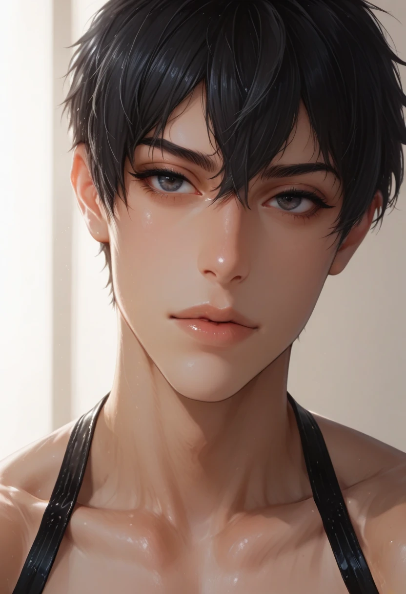 high quality, detailed, (22 years old japanese idol boy), (detailed black eyes), (black short hair),(shiny skin:1.3), black tiny thong, bulge,(detailed nipples), yard, dungeon, (best quality,4k,8k,highres,masterpiece:1.2), (face close up:0.7),(realistic,photorealistic,photo-realistic:1.37),