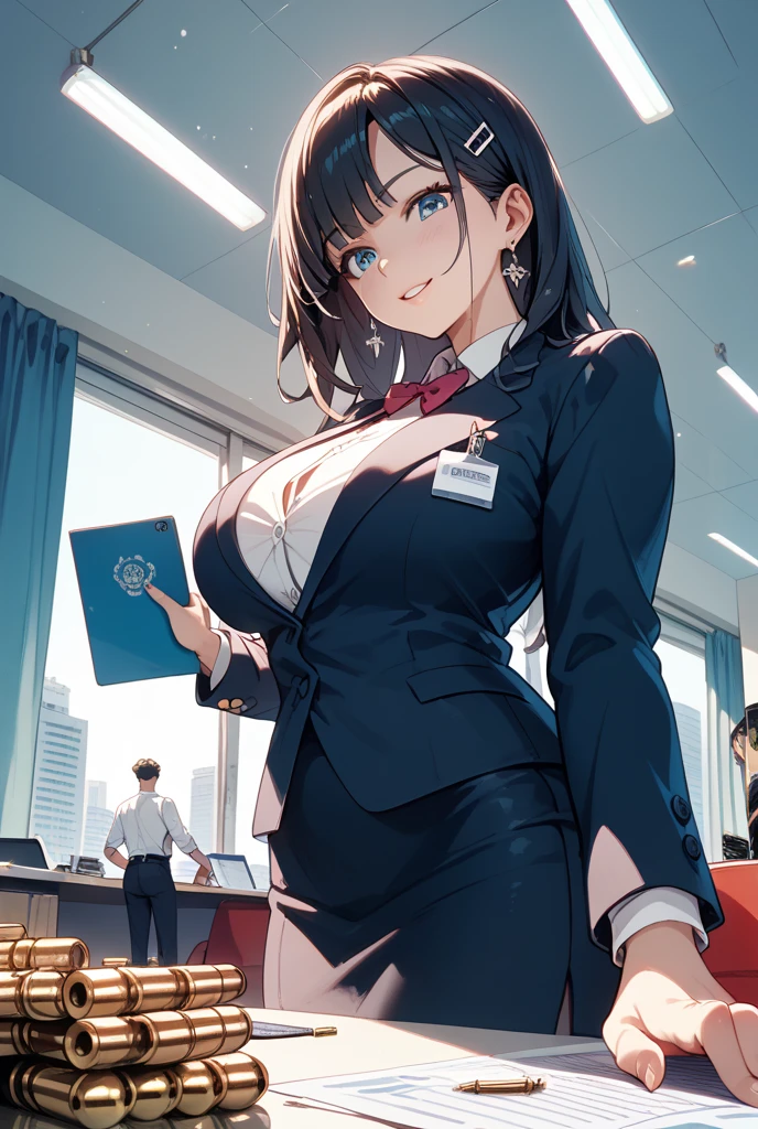 ((Best Quality)), (ultra-detailliert), ((Extremely detailed)), (Beautiful), ((Kawaii Girl)), ((UHD)), (masterpiece), (high quality), (best quality), (4K), (high quality), 1, solo girl, 1girl,  (black hair), (medium hair), (forehead), wavy hair, green eyes, medium breasts, slender body, flight attendant uniform, airport lobby, anime