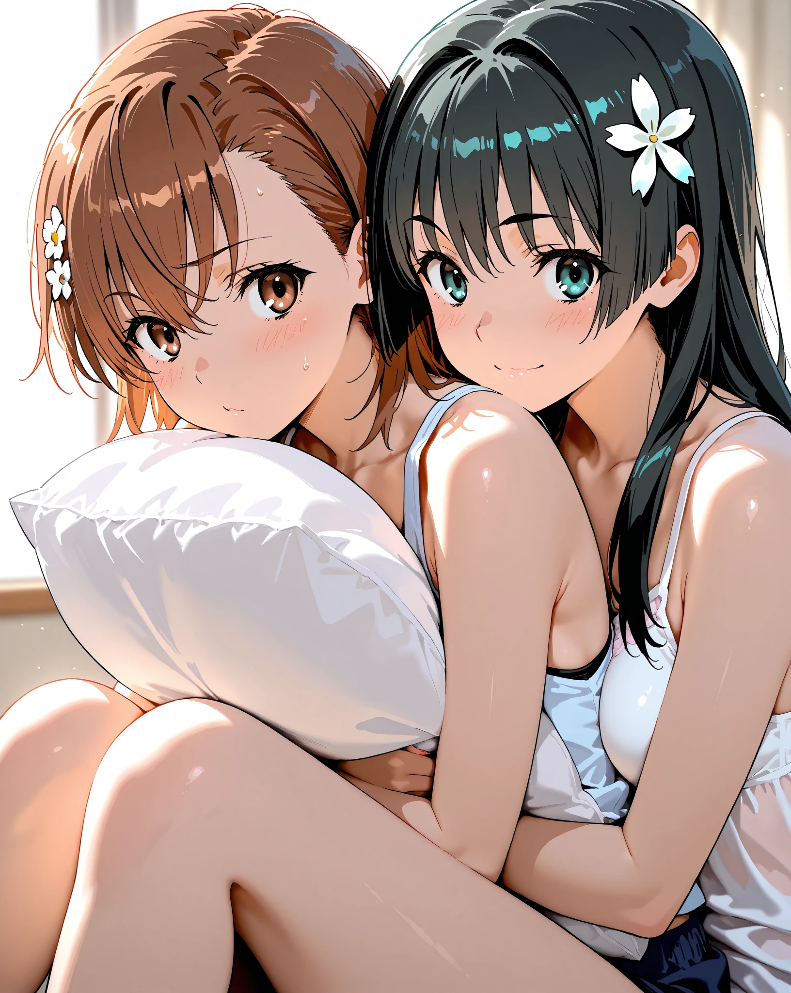 NSFW (Highest quality:1.5, High resolution, uhd, 4K, Detailed lighting, Shaders), Misaka Mikoto,solo short hair Brown Hair Brown eyes Cool face (((((Close ~ eyes)))) sleeping face sleep Lying on the grass cute black panties Realistic sun rays Sweat Super oily skin Beautiful Abs