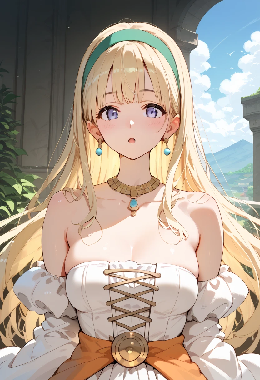 masterpiece, best quality,Facing the audience, Upper Body,woman,greek goddess style, Melon seed face, ((slender eyes)), There is a mole under the eye,Brown eyeballs, Thin lips, blond, Very long hair, close your mouth and smile,30 years old, self-portrait, Simple background,White dress,Large Breasts,Mature,cleavage