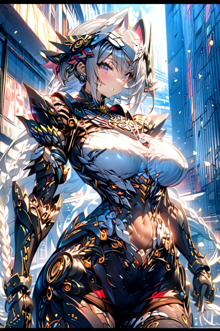 (Masterpiece:1.2,hiquality), 1girl, ((ultra realistic details)), Global Illumination, eye shadow, dinamic lighting, Unreal engine, Octane Render, 8K, ultra sharp, Metal, Intricate, ornaments detailed, highly intricate details, Yellow eyes, (Mechanical body:1.2), white colored hair, (black mask), transmission, apocalypse,