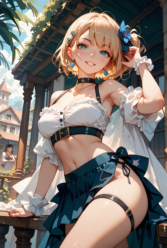 (masterpiece, best quality), best quality, (ultra-detailed), (3heads:1.5), 1girl, (luna child:1.3), masterpiece, top best quality, ultra quality, ultra resolution, ultra detail, white and black top, crop top, ((stomach)), midriff, ((groin)), white and black skirt, normal ears, shackles, yellow hair, very long hair, wavy hair, six princess curls, red eyes, very detailed eyes, parted lips, fairy wings, sweat, cute, toned belly, hand on own chest, eyelashes, (24 year old woman:1.3), (masterpiece:1.5), (best quality:1.5), (beautiful detailed), extremely detailed CG, extremely delicate and beautiful, depth of field, (finely detailed face), (perfect details:1.3), (mature female:1.3), wide pelvis, slender, large veiny breast, 16k resolution, highres, high quality, high definition, extremely detailed, masterpiece, yellow hair, long hair, alluring presence, braid, short skirt, close up, big tits, young, pair of wings,