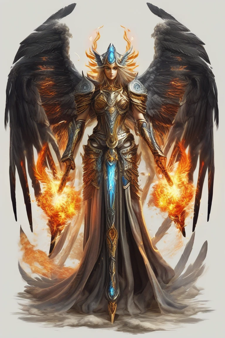 arafed high details, best quality, 16k, (ultra detailed: 1.5), masterpiece, best quality, (extremely detailed), dynamic angle, ultra wide shot, photorealistim, RAW, fantasy art, dnd art, fantasy art, realistic art, a wide angle picture of a female aasimar sorceress casting a fire spell, full body  (intense details, Masterpiece, best quality), D&D aasimar, exremley beautiful female aasimar, silver hair, long hair, wavy hair, dynamic eyes color, angelic eyes, radiant magical eyes, ultra detailed face (intense details, Masterpiece, best quality), spread angelic wings, white angelic wings (intense details, Masterpiece, best quality),  wearing [black] robe, wearing blue cloak, long cloak, flowing cloak with fire motifs (intense details, Masterpiece, best quality), armed with magical staff (intense details, Masterpiece, best quality), manipulating fire magical energy (intense details, Masterpiece, best quality), controlling lightning, dark fantasy magical tower background, evil temple background (intense details, Masterpiece, best quality), rpg portrait, FireMagicAI, feathered wings

