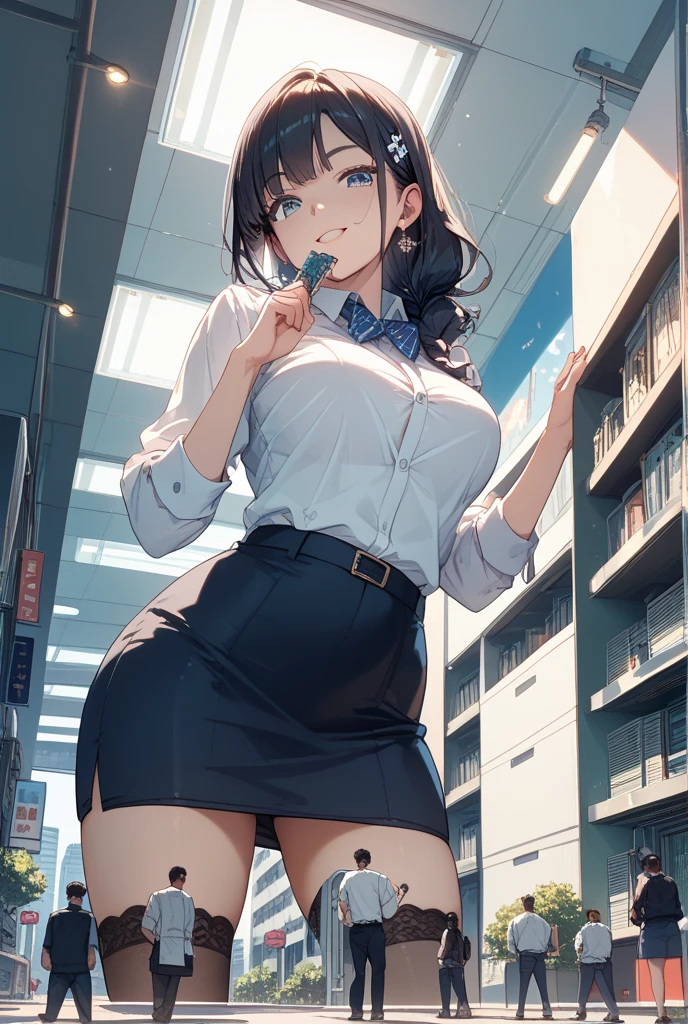 (table top, highest quality, High resolution, , perfect pixel, 4k,), 1 girl, single, alone, Beautiful woman、I could see the whole body、 ((wavy short hair, bangs, brown hair)), ((brown eyes, beautiful eyelashes, realistic eyes)), ((detailed face, blush:1.2)), ((smooth texture:0.75, realistic texture:0.65, realistic:1.1, Anime CG style)), medium breasts, dynamic angle, perfect body, ((, female teacher, , earrings、necklace、((Beige turtleneck sleeveless sweater))、Long flared skirt in dark blue、black knee high stockings、open both legs wide、、shy smile、sit at the desk in the library、lift up the skirt with both hands)), Upper grade、、、evening、、(Pink lace panties are visible、、、angle from below)、