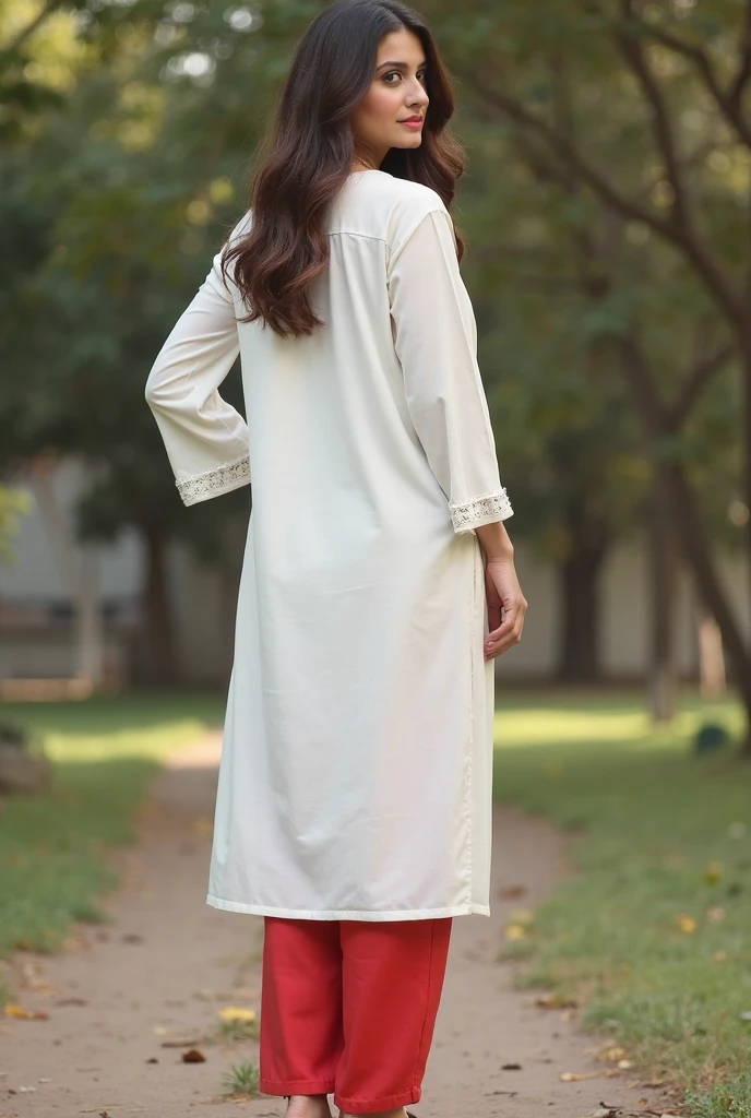 The dress in the image is a sophisticated kurti featuring a mix of traditional and contemporary design elements.
1. **Color and Pattern**: The dress is predominantly brown with an intricate floral print in shades of darker brown and beige, giving it a natural and elegant appearance.
2. **Neckline**: It has a round neckline with a short, subtle slit at the front, adding a touch of modernity.
3. **Sleeves**: The sleeves are elbow-length, which adds to the modest and versatile look of the outfit.
4. **Fit and Length**: The kurti is tailored in a straight cut that falls just below the knee. It includes side slits, ensuring ease of movement and comfort.
5. **Fabric**: The fabric appears to be a lightweight and breathable material, suitable for both casual and semi-formal occasions.
6. **Styling**: The model accessorizes the kurti with white strappy sandals and a white tote bag, enhancing the casual yet chic vibe of the outfit.
**Lighting**: The photograph should be taken with a dark background, using rim light and key lights to highlight the model and the intricate details of the kurti, ensuring a striking and well-defined appearance.