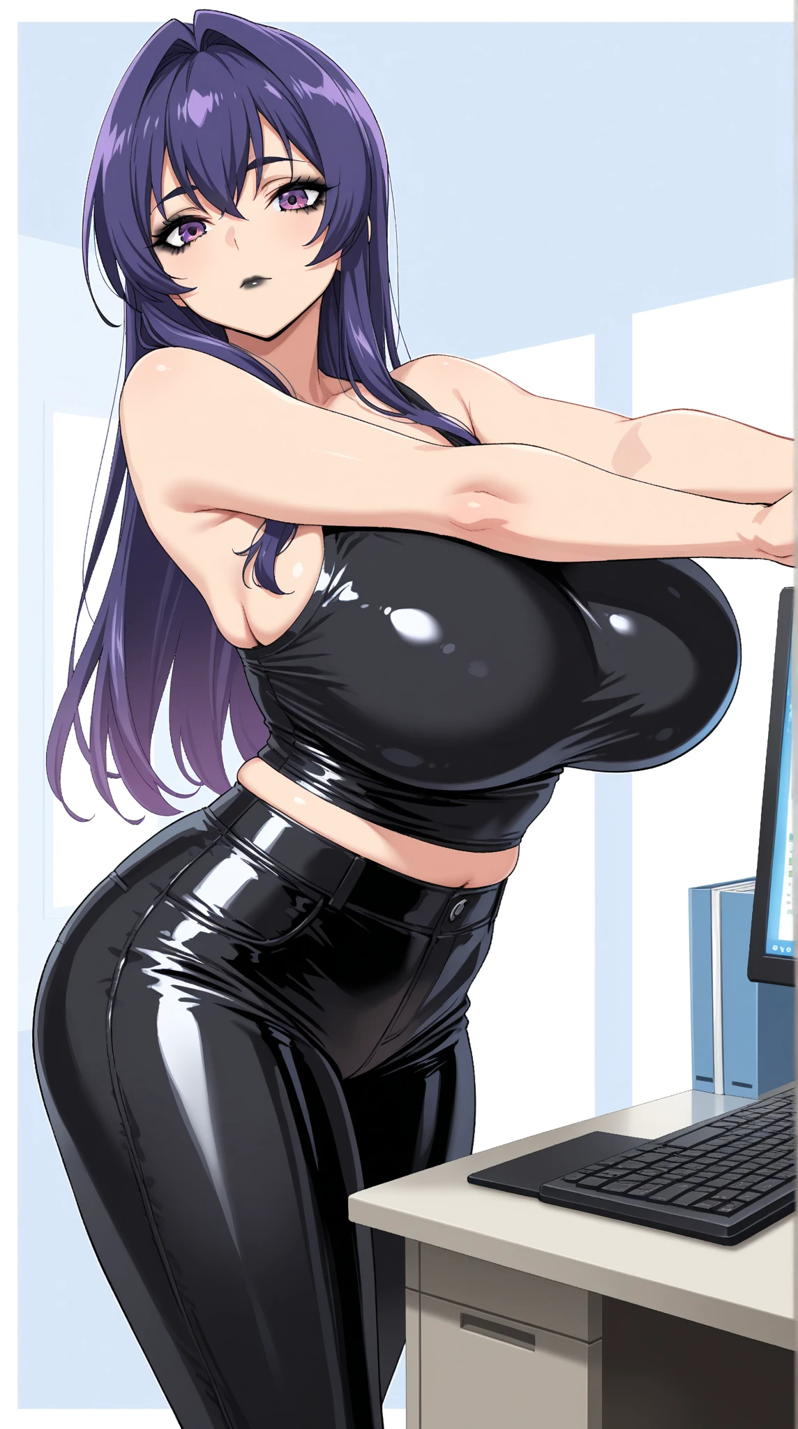 professional artwork, Intricate Details, field of view, sharp focus, detailed painting, photorealistic lighting, trending on pixiv,(masterpiece:1.0),(best_quality:1.0), ultra high res, ultra-detailed, photography, 8K, HDR, highres, absurdres:1.2, Kodak portra 400, film grain, sharp focus, bokeh:1.2, lens flare, (vibrant_color:1.2), (((indoors, office details))), Annerose, 1girl, female mature, black hair, long hair, (yellow eyes), (huge breasts:1.4), ((leotard:1.4)), higheels, skin tight, hair intakes, (solo:1.4), (upper body, half body shot), seductive, (((seductive pose))), by Kagami Hirotaka, add_detail:1