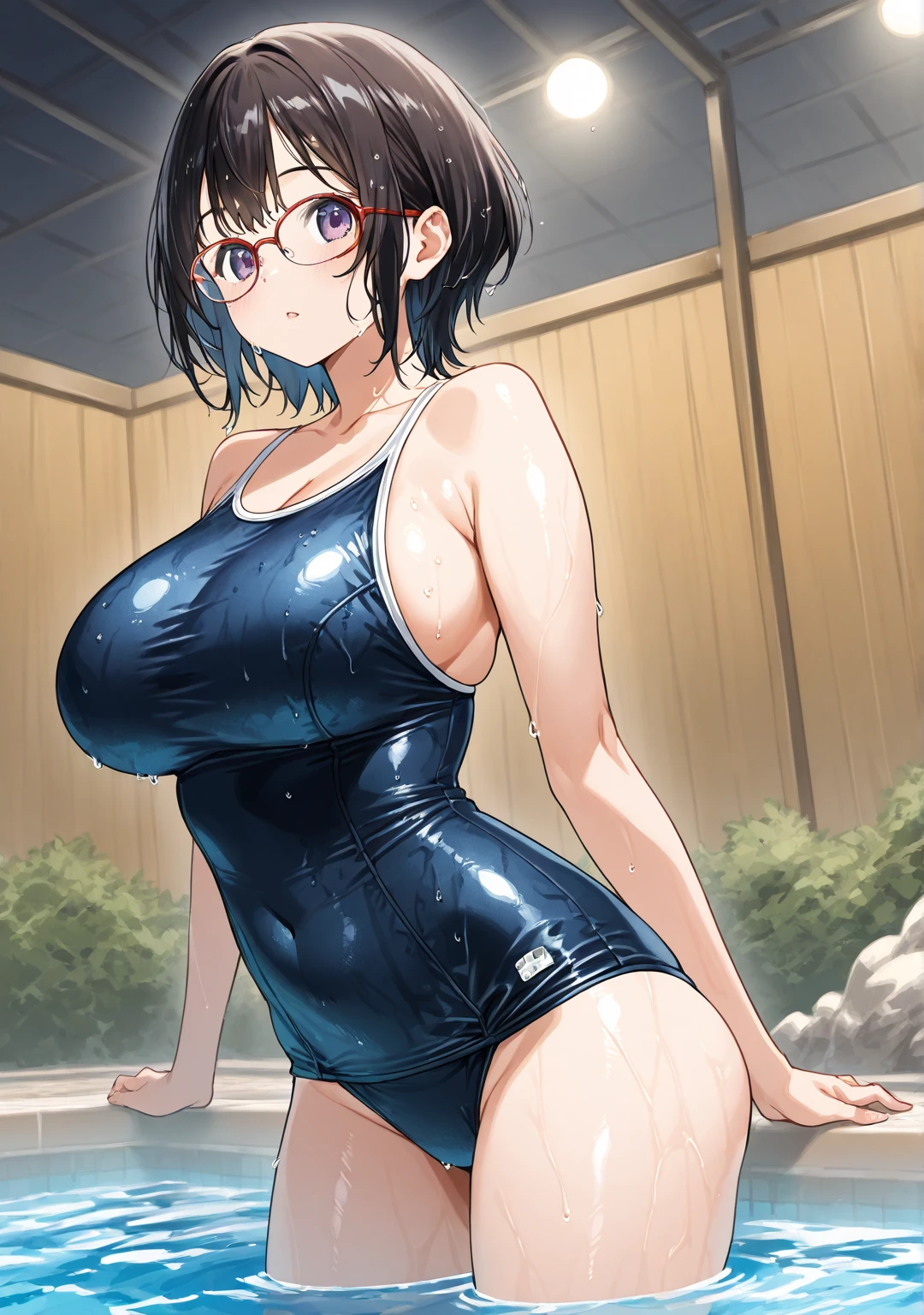 Metallic Colorful swimsuit,1girl,front view,Facing forward,looking at viewer,anime colored,full body,(gigantic breasts),wet,shiny Skin,{bob cut!!,blunt bangs,black Blue Hair},white background