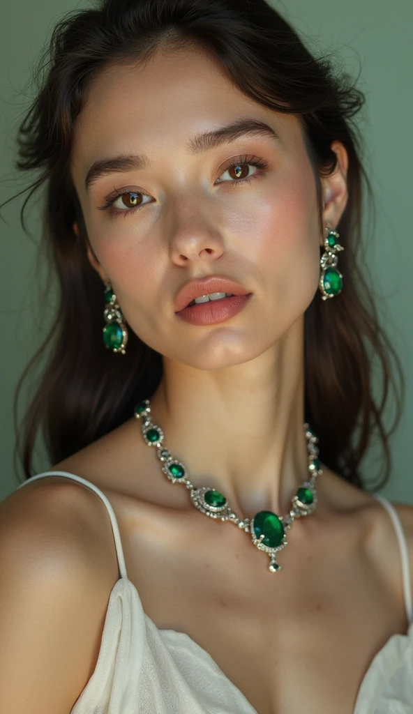 Masterpiece, high quality, 4K, beautiful design, shiny, from the front, award winning photo, extremely detailed, amazing, fine detail, absurdres, highly detailed woman, extremely detailed eyes and face, by lee jeffries nikon d850 film stock photograph 4 kodak portra 400 camera f1.6 lens rich colors hyper realistic lifelike texture dramatic lighting unrealengine trending on artstation cinestill 800 tungsten, solo, 1girl,
parure jewelery, a woman wearing a necklace and earrings with several emeralds , wearing parure jewelery,
<lora:Parure:0.8>
