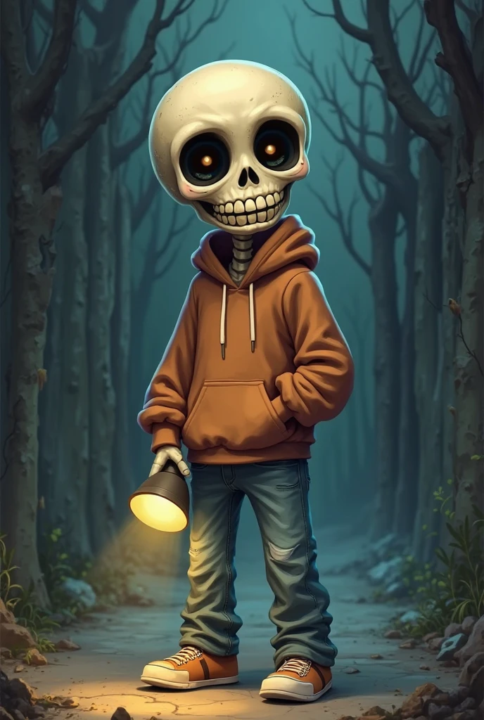 A cute male skeleton game character wearing a hoodie and short pants, spread hands 
