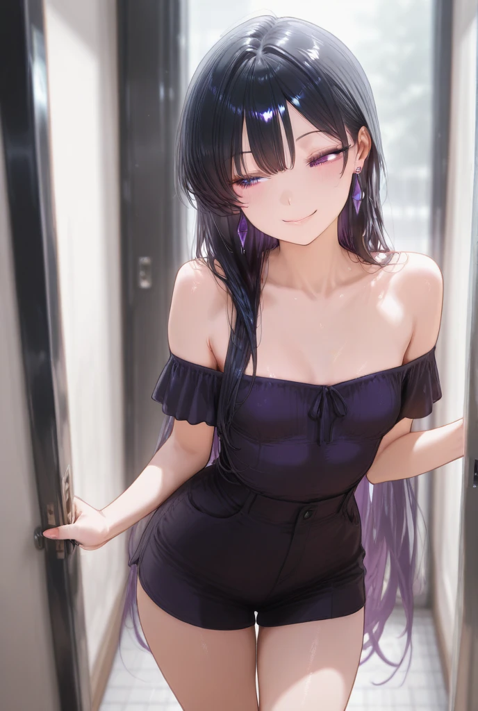 masterpiece, solo, 1girl, thea, straight navy blue hair, long hair, purple eyes, dazzlingly beautiful face, curvy figure, closed mouth, large breasts, lingeriedresschinese, black dress, sleeveless dress, standing, (arms behind back), cleavage