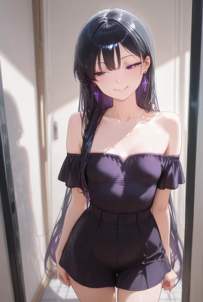 ((masterpiece,best quality anime,Highest quality:1.3)),realistic,cowboy shot,1woman,(30 year old beauty),((very small head:1.4)),((very long body:1.4)),straight long hair,black hair,(gorgeous big eyes),black eyes,shy,smile,((slender body:1.4,skinny:1.4)),medium breasts,(Black hakama,Black kimono),gleaming skin,standing,Tatami room、Japanese-style room、Tokyo、