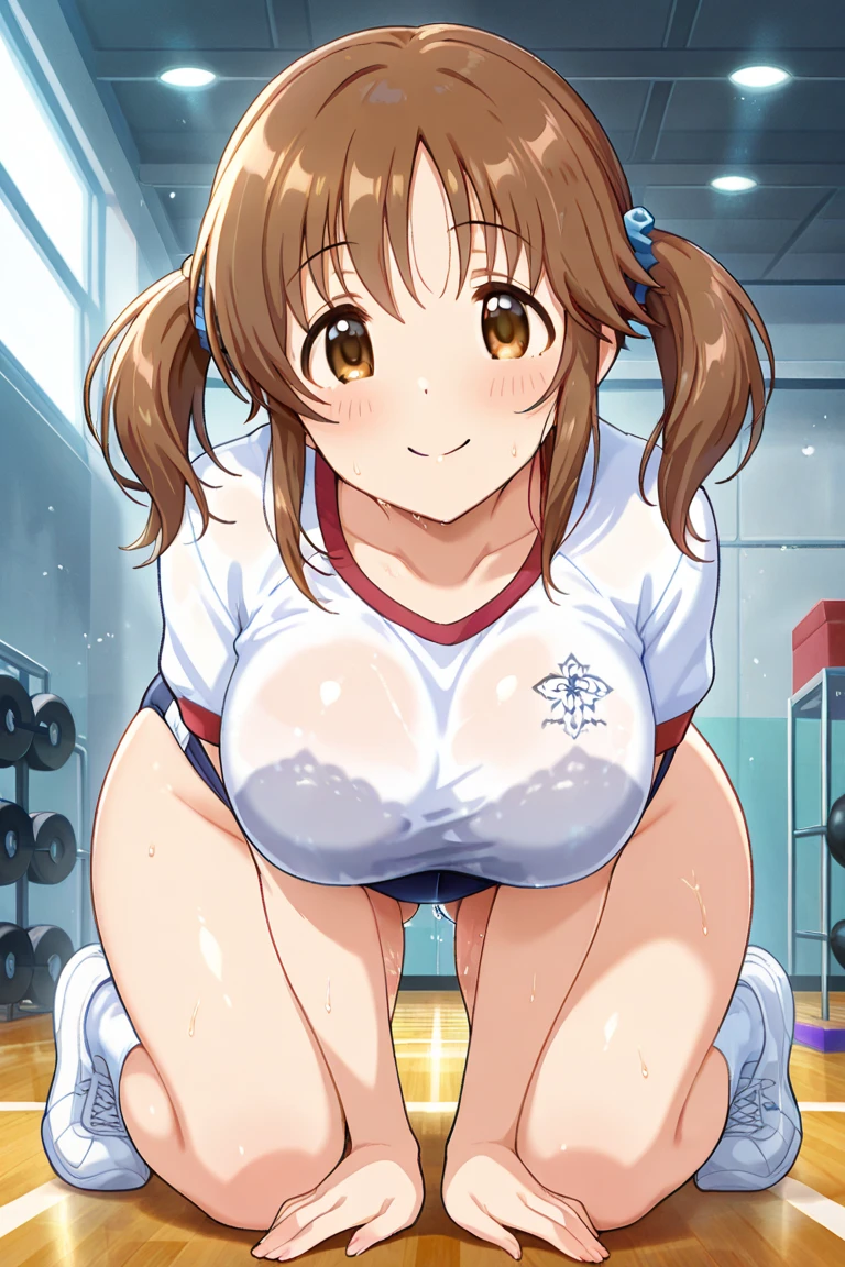 ((masterpiece)),((best quality)),ultra-detailed,illustratio,Explicit,nsfw,Beautiful body,Beautiful Nose,Beautiful character design,perfect eyes,perfect face,wallpaper,ultra highres,8K,photography,(Beautiful, large breasts:1.2),(beautiful face:1.2),(beautiful legs, perfect legs),full body,(meitantei conan \(style\), detecive conan \(style\), meitantei conan),shiny skin,anime screencap,official style,Suzuki Sonoko,1girl,solo , brown hair, shirt hair, blue eyes, School gym uniform, tight uniform, wet uniform, panties, bra, Pubic hair, Rich pubic hair, looking at viewer, big forehead,anime coloring, Gym storage, dark night, front hair, bangs, thigh exposure, blushing face, shameful face, horny look, Exposure of the vagina, Skin glow, A crying face, side, bitch, soaked in sweat, Hurrah pose, Kneel down