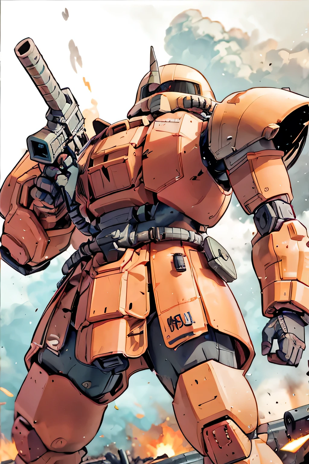 Please draw what you like.8k,The image features a Zaku II, a mobile suit from the Gundam series, depicted in a war-torn battlefield. The Zaku II is shown from a side angle, towering over the ground vehicles and the chaotic scene below. The mobile suit is in a dramatic, battle-ready stance, holding a large weapon, possibly a machine gun or a beam rifle, with its head slightly turned, giving a sense of awareness and readiness. The Zaku II's design is rugged and militaristic, with its signature mono-eye glowing ominously in the darkness. The armor is painted in dark, muted colors, typical of the Zaku series, which often comes in shades of green or gray, though the lighting and environment cast it in shadowy tones. The environment around the Zaku II is filled with destruction. Fires rage in the background, casting an orange glow that contrasts with the darkened sky. Sparks and embers float through the air, adding to the chaotic and intense atmosphere of the battlefield. The ground vehicles, including tanks and armored transports, are either in motion or damaged, emphasizing the scale of the battle. The overall composition of the image is dramatic and evocative, with a strong sense of scale and depth. The use of lighting, particularly the contrast between the fiery background and the dark figure of the Zaku II, enhances the mood of destruction and the grim reality of warfare depicted in the Gundam universe. The artist's style gives the image a painterly quality, with broad strokes and a focus on atmosphere rather than fine details, creating a powerful and haunting scene. Z4KU2,MS-06-F,