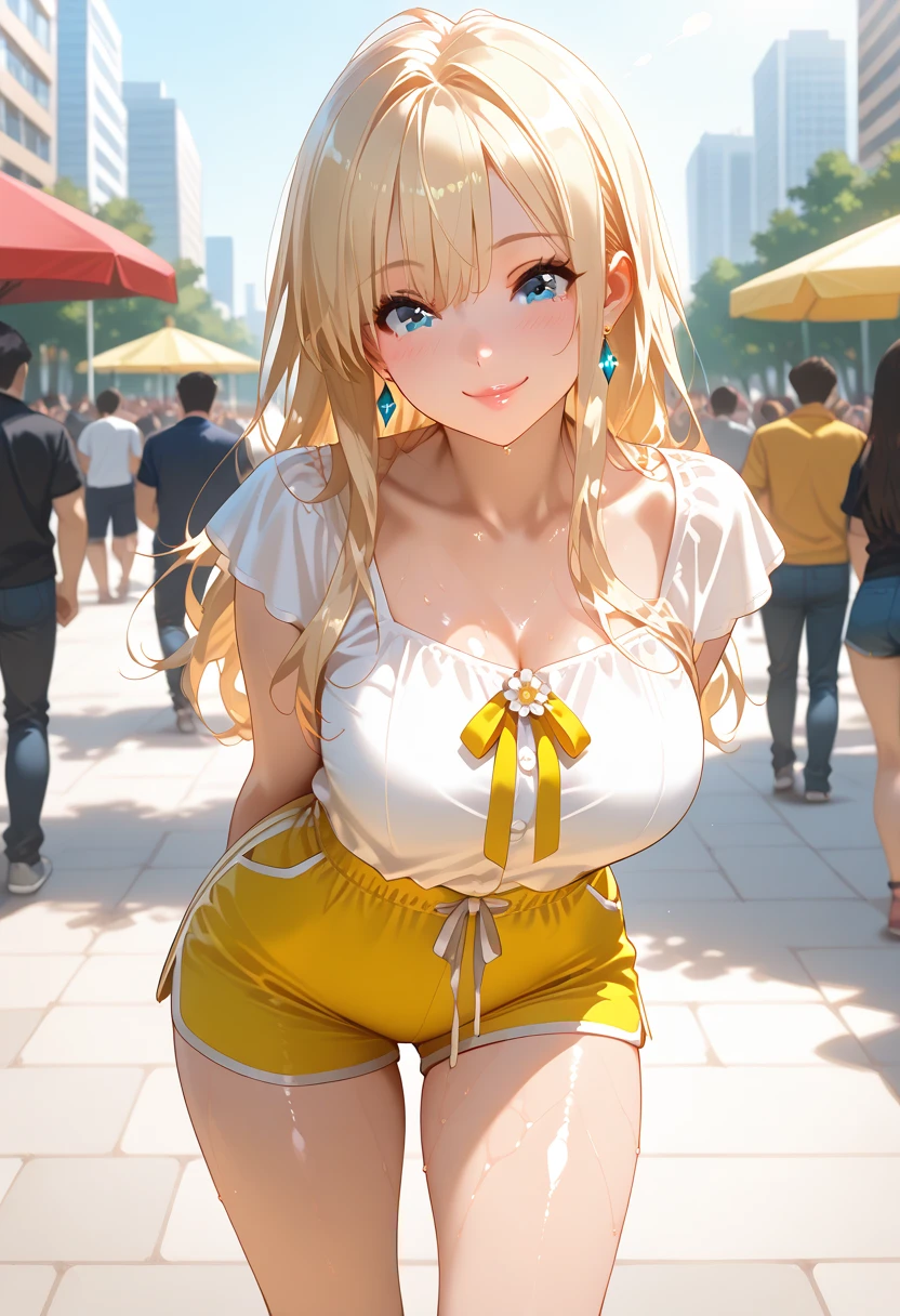 girl, ponytail, Flaxen Hair、Yellow Sapphire Eyes, かわいいgirl, See-through、Sexy Lingerie、,bra、shorts, Frilled Skirt, Stiletto heels, city 、Camel Toe、Giant tit、Nipple Puffs、Cleavage、Plump、Super big breasts、Super big butt