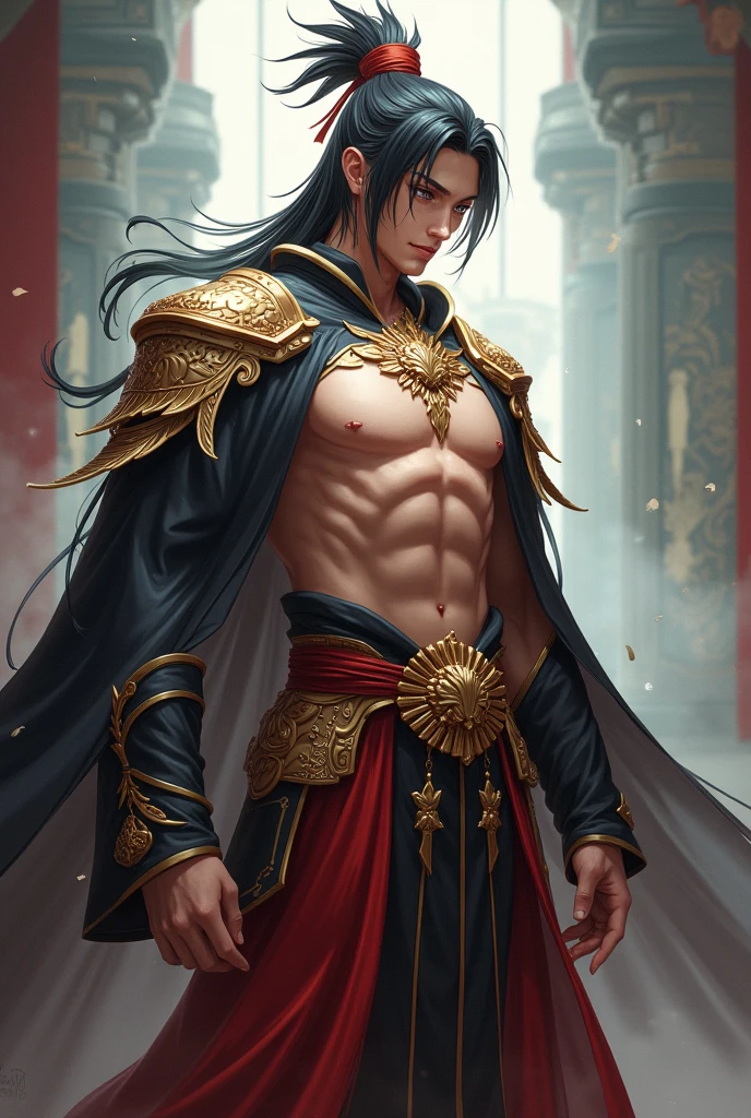 Realistic,Hot muscular Male concubine in the Han dynasty on his knees with legs spread apart, wearing ancient revealing Chinese dress with long hair and masculine features.Battle scars
