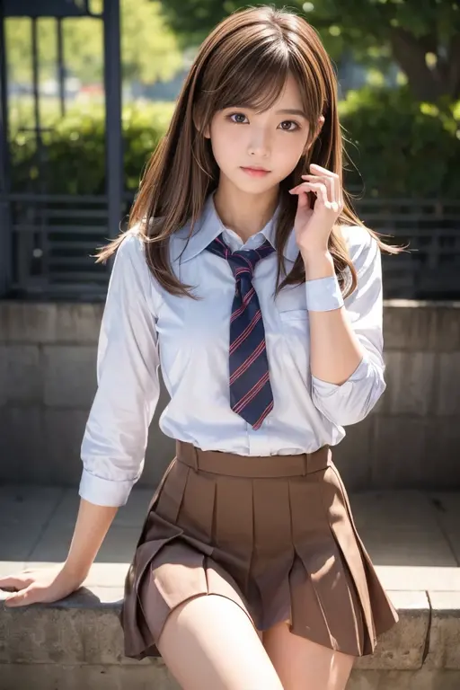 nsfw, (1girl in), (Solo:1.5), Official art, Raw photo, Photorealistic, unbelievable Ridiculous,masutepiece, Best Quality, 8K, hight resolution, extremely detailed girl, extremely detailed beautiful face, Beautiful skin, Ideal ratio body proportions, cowboy shot, looking at viewer, 17 years old, high school student, Japanese, large breasts, brown hair, long hair, naughty face, (smile), (gyaru), school uniform, ocher blazer, pleated miniskirt, (white collared shirt), red tie, (skirt lift:1.3), (shiny white panties:1.5), shirt is transparent and you can see the bra, outdoors, city, chromatic abberation, Sharp Focus, face lights,