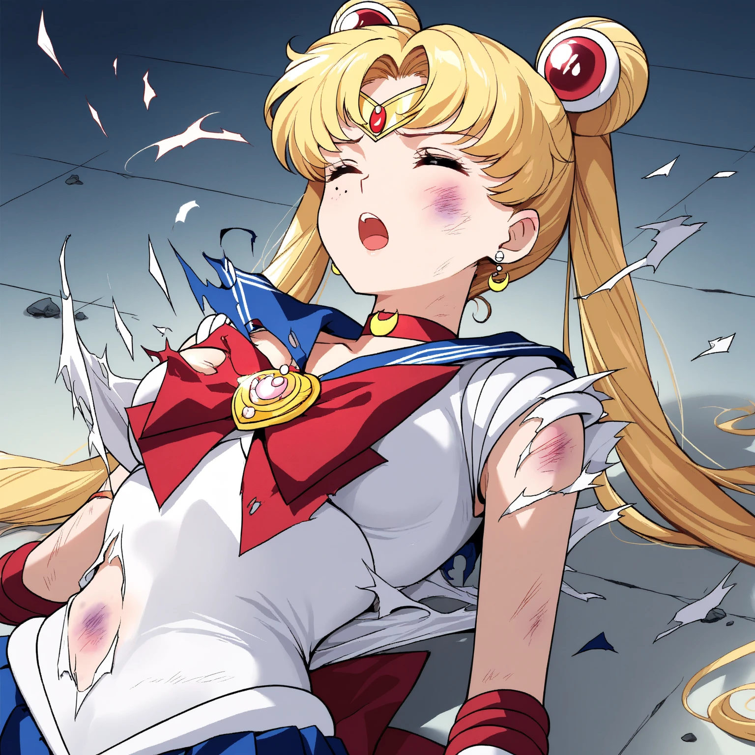 sailor moon, 1girl, 1boy, sex, (giant penis: 1.2), vaginal insertion, aausagi, long hair, double bun, twintails, hair ornament, parted bangs, tiara, earrings, blue eyes, heart choker, blue sailor collar, red bow, white shirt, see-through, elbow gloves, white gloves, multicolored skirt, white skirt, absurd stomach bulge, shirt pulled up, torso bulge