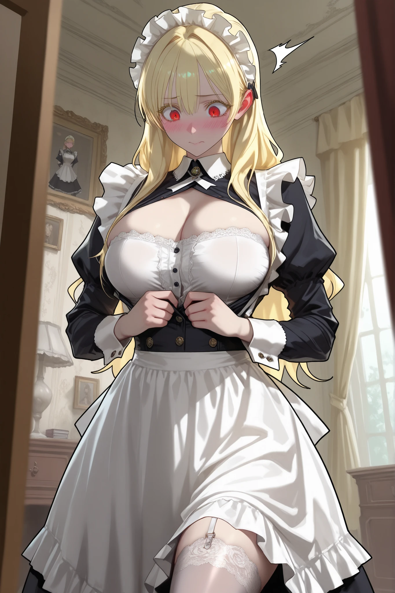 1 female, 1 maid, wavy long blonde hair maid, surprised, startled, shy, embarrassed, woman looking down, red eyes, blonde eyelashes, undressing maid uniform, beautiful, perfect face, sexy legs, gorgeous face, perfect body, feminine body, perfect breasts, round breasts, big breasts, standing, front view, taking off clothes, sexy legs, slim body, maid undressing, feminine body, sexual harassment, front view, fantasy luxurious noble mansion bedroom room interior background, single female, lace white underware, garther belt, long stocking, unbuttoning top, taking clothes off from the top