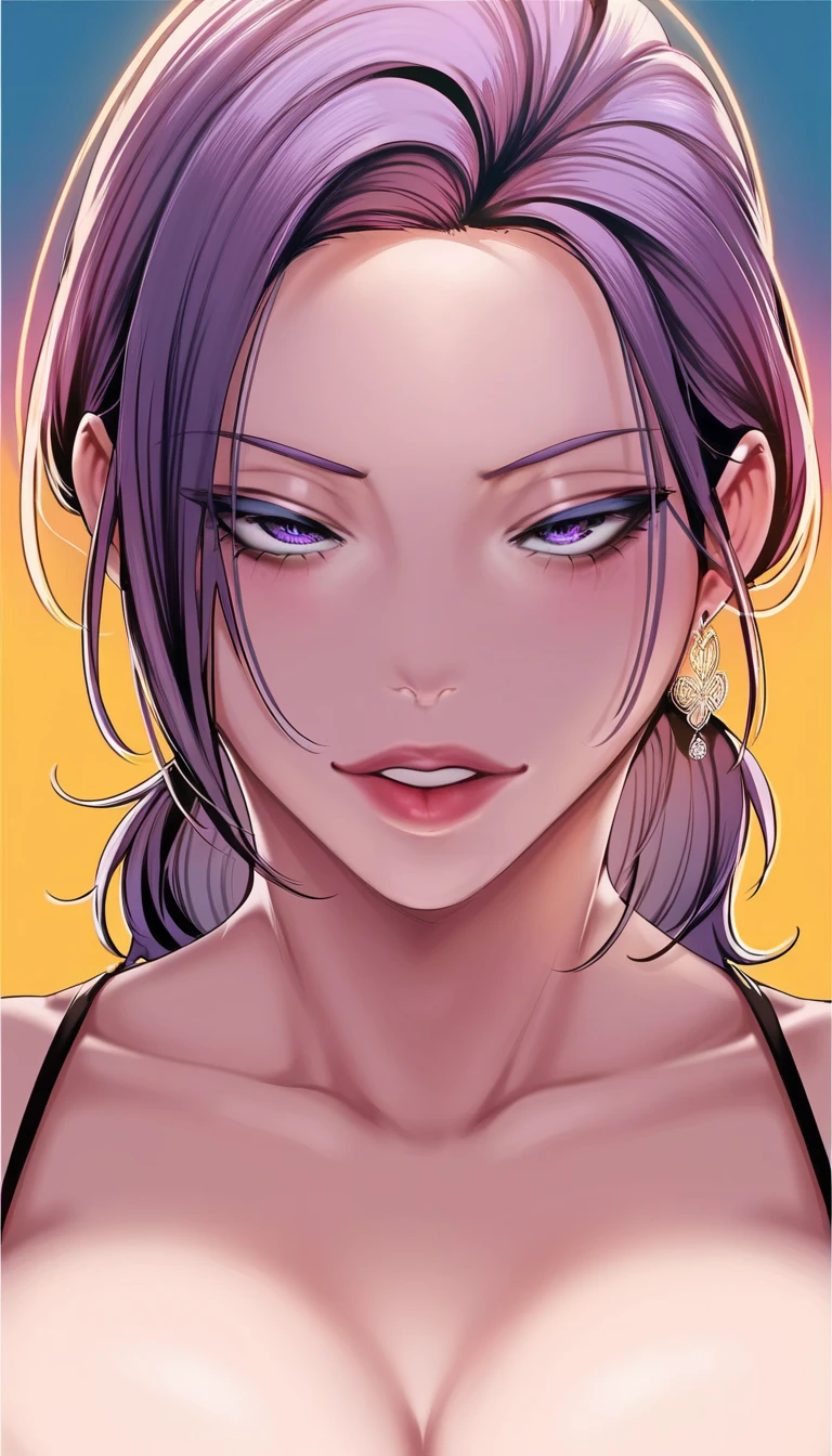 Amazing portrait of a woman who is 30 years old and an adult and a sexy woman with a beautiful face with beautifully detailed eyes in a seductive gaze and beautifully detailed lips and extremely detailed eyes and face with long eyelashes with her pale skin turning pink with a smile on her lips with her messy bun hair tied in a black hairband wearing alluring earrings and black v-neck t-shirt emphasizing her long neck and her medium chest with cleavage and her captivating demeanor having an enchanting expression and tempting charm with captivating beauty and elegance as she poses seductively with her beguiling presence during night time with soft lighting showcasing her red lips and her beautiful face in detail and close up 