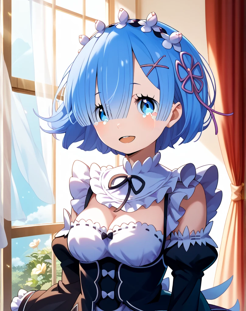 <lora:Unholy Aesthetic Style:0.8>,  unholy-aesthetic , masterpiece,best quality,amazing quality,very aesthetic,absurdres,ultra detailed face,ultra detailed eyes,
1girl, blue eyes, blue hair, detached sleeves, hair ornament, hair over one eye, hair ribbon, maid, maid headdress, closed mouth, pink ribbon, rem \(re:zero\), rem_locon, ribbon, roswaal mansion maid uniform, short hair,  smile,looking at viewer,wet,sweat,wet hair,steam,
<lora:xmc_v0.3_noobai_cwhj:0.8>,<lora:illustrious_best_quality_v1:0.8>