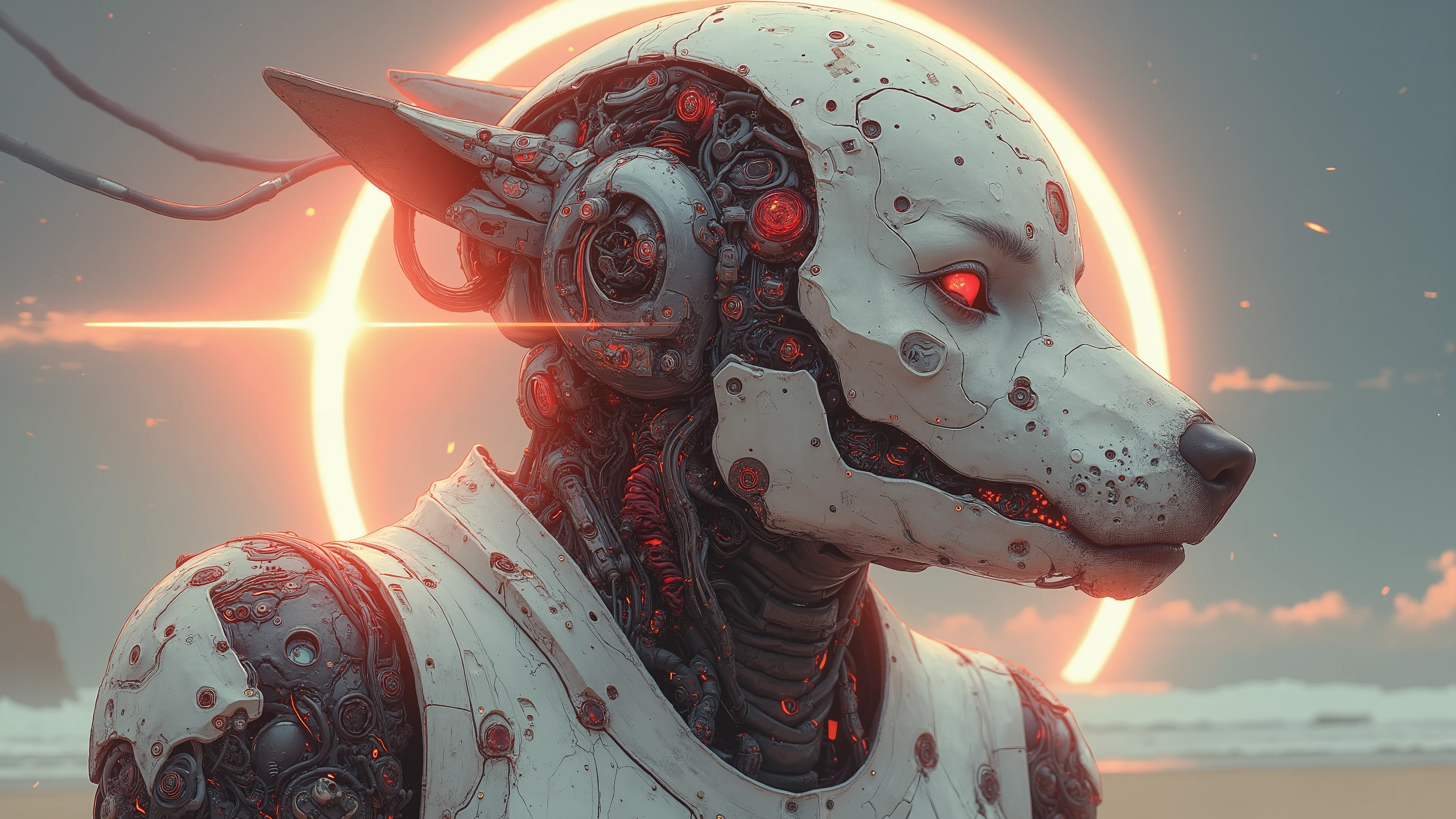 Full length detailed view. full sexy body, sexy muscle hybrid strong girl and half cyborg animal, with big muscles looking into the camera, sexy muscle hyprid, hd realistic sharp details of the skin, beautyful eyes, cyborg hair, looking strong, a sexy mechanical outfit, in the background is a sun eclipse, Opalescence technical digital design. perfect eyes, top quality neo-Harajuku style embodying the mood of a post-apocalyptic world of an destroyed city by daylight, intricate robotic details, space age attire highlighted by sharp contrasting shadows, startlingly vibrant white colors, atmospheric dust particles, decaying beach background , digital UHD rendering, a breathtaking mix of fashion and dystopia. In white red and light black &white tones, hyper-realistic portrait in white, black and red.(rede: 0.4), (natural skin texture,(facial details: 1.05) Hyperrealism, soft light, Sharpness (dark frame: 1.1), epic realism, full of quiet elegance. high contrast, cinematic lighting, and a whisper of metallic shine on the fabric. editorial, timeless chic. white, black and white details, photo from far away, full body girl picture, sexy, robotic parts, big moon, big sun, detailed