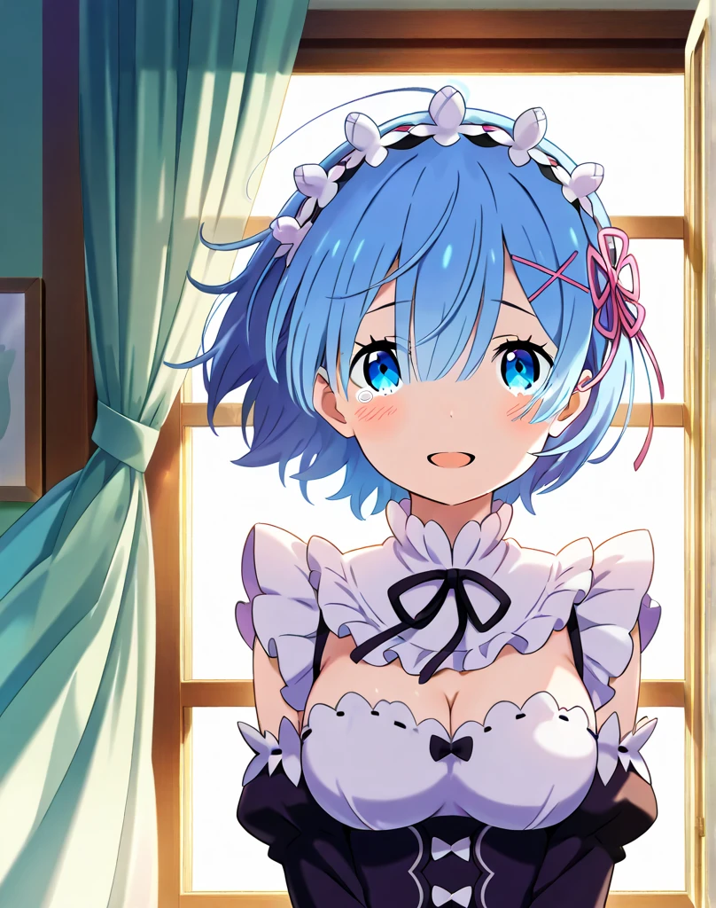 score_9, score_8_up, score_7_up, score_6_up, score_5_up, score_4_up, source_anime, aarem, short hair, blue hair, maid headdress, x hair ornament, hair ribbon, hair between eyes, blue eyes, , frilled collar, neck ribbon, , frills, dress, detached sleeves, indoors, curtains, (wind:1.2), floating hair, smile, tears, open mouth, (upper body,:1.2), portrait, looking at viewer, open window,84