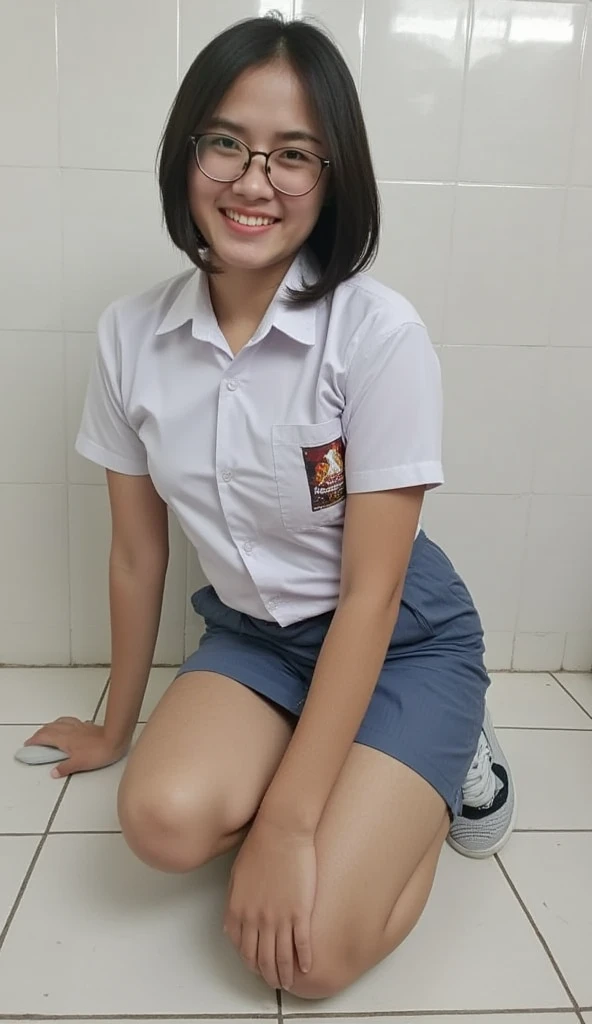 realistic, extremely detailed, 8k, trending on ArtStation, Intricate, High Detail, Sharp focus, cute high school girl, beautiful, standing, indohighschool uniform, black wavy hair, school hallway, cute, photorealistic, full body, detailed, high quality, wearing white panties, bottomless, visible panties