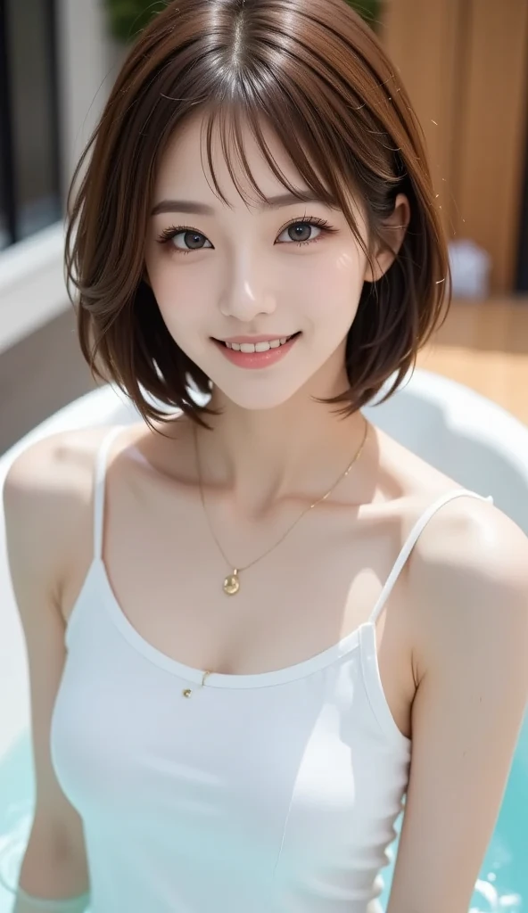 masterpiece、highest quality、High resolution、Tabletop、wallpaper、Realistic、Bright lighting、Professional Lighting、Face Light、Smooth lighting、Japanese women、Adult、Beautiful woman、action、gravure、sexy、poor、so beautiful、Beautiful Skin、Beautiful and detailed、Detailed face、slim、Moderate、short hair、Brunette colored hair、Brown eyes、Looking at the camera、Playing the ukulele、
