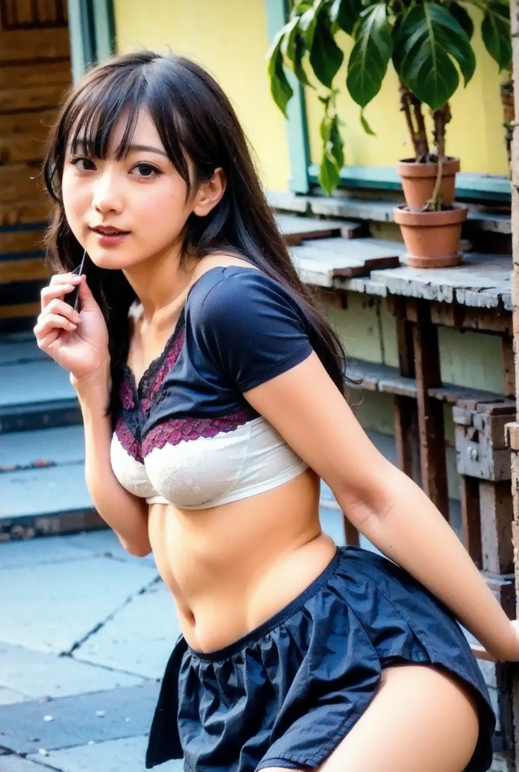 Tabletop, Highest quality, 8k, office lady、Kashiwagi Yuki、Award-winning portraits, blush、 alone, Digital single-lens reflex camera, Looking at the audience, Thin arms, whole body、Professional Lighting ,{Sit on the stairs},navy office suit、Pencil Mini Skirt、 Tight mini skirt,Black Hair, hairpin、White lace panties、