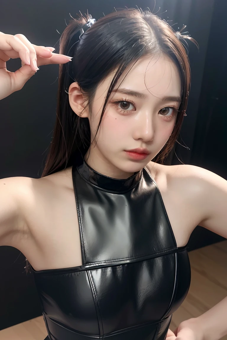 (top-quality)、A Japanese Lady､1girl in、A sexy:1.1、Dark brown fringe hair:1.1、(a wet body:1.3)、The sheen、ratex､wet suit、hyperdetailed face、Detailed lips、A detailed eye、Shower room