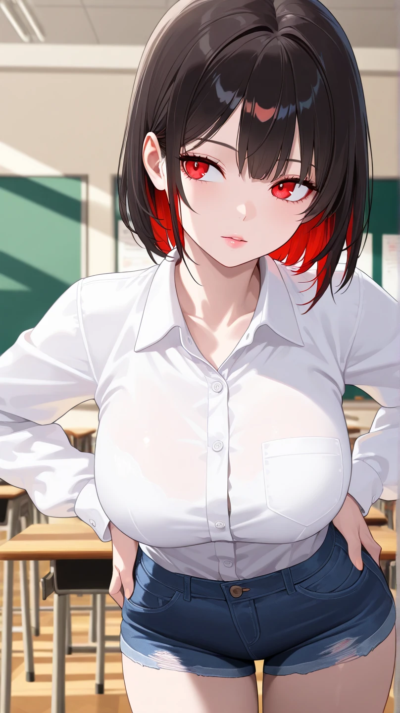 {lady with shoulder-length black hair named Rico}, business suits,tall,'', (It feels like saying Hello, daytime hours), indoor,{going out style}, ((Heart-shaped choker) ), (office room), Bright background, Mole under the eye, Heart-shaped choker, ((Masterpiece)), Highly detailed CG Unity 8k wallpaper), Top quality,, Detailed background, beautifully detailed eyes, heart shaped pupils,hollow eyes, looking at viewer,(very delicate and beautiful)), ((beautiful) eyes (detailed description),extra large breasts, browse,open shirts,red bra,floating heart,,sadistic smile,lorestruck,hot