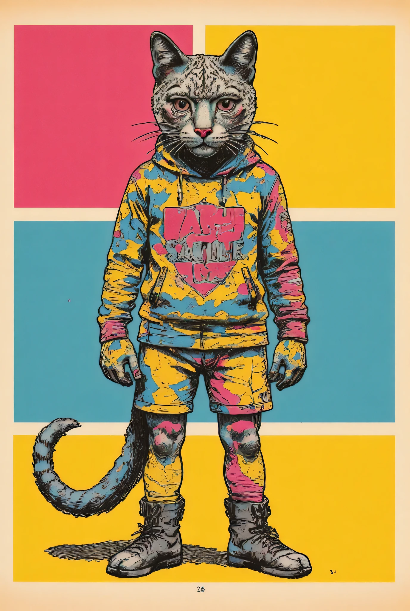 design a realistic retro plush cat character。、Three-haired cat、Moving Poses、breakdance、sewn clothes and、has a patchwork style tail。. the character has a playful expression, phosphorescent function and graffiti-style background , Clean lines , bold color blocking, and functional configuration