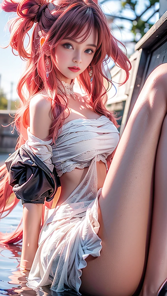 Arapei sitting on sun loungers, sun umbrella, pink hair and white cheongsam, black stockings, elegant and charming cosplay, anime girl cosplay, gorgeous cosplay, cute lazy princess, beauty Delfin, royal elegant pose, cosplay photos, anime goddess, thighs and skirts, sexy priest in magic beach, cute anime waifu wearing beautiful skirts,