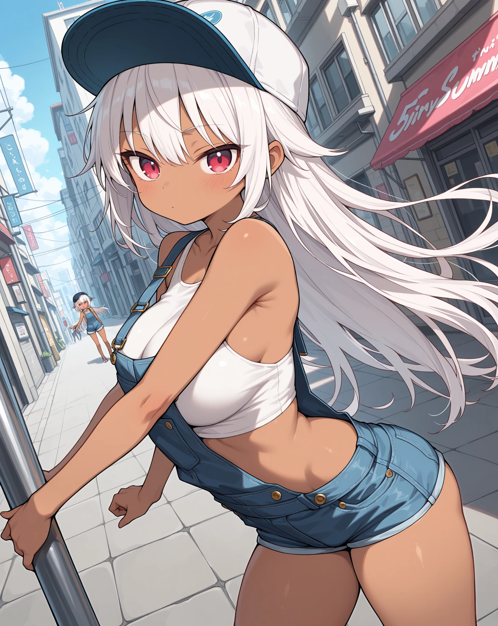 girl, tube top, micro shorts , groin,((flat chest)),slender,long hair,(loli),white hair, city street