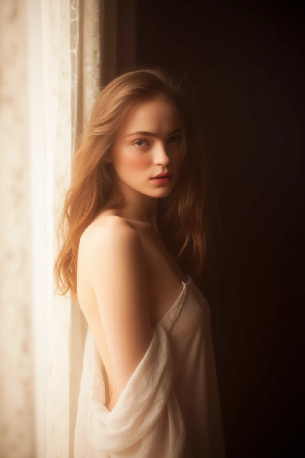 Photograph by Serge Lutens (1.8), pale skin, ((evil slavic woman)), long dark blond hair, in profile, wide angle dim atmosphere, dark atmosphere, stunning, modern, dark, clean, artsy indoor surrounding, casting a dreamlike atmosphere eyes reflect some light, Shiseido-style Vogue-Style 1990s style and setting Various gentle half body poses and angles Consistent facial and body features Photorealistic and highly detailed Artistic and evocative High-quality finish Ensuring vibrant, detailed features Technical details: wide angle lens Selective focus with Kodak film effect: 1.2 Shallow depths of field