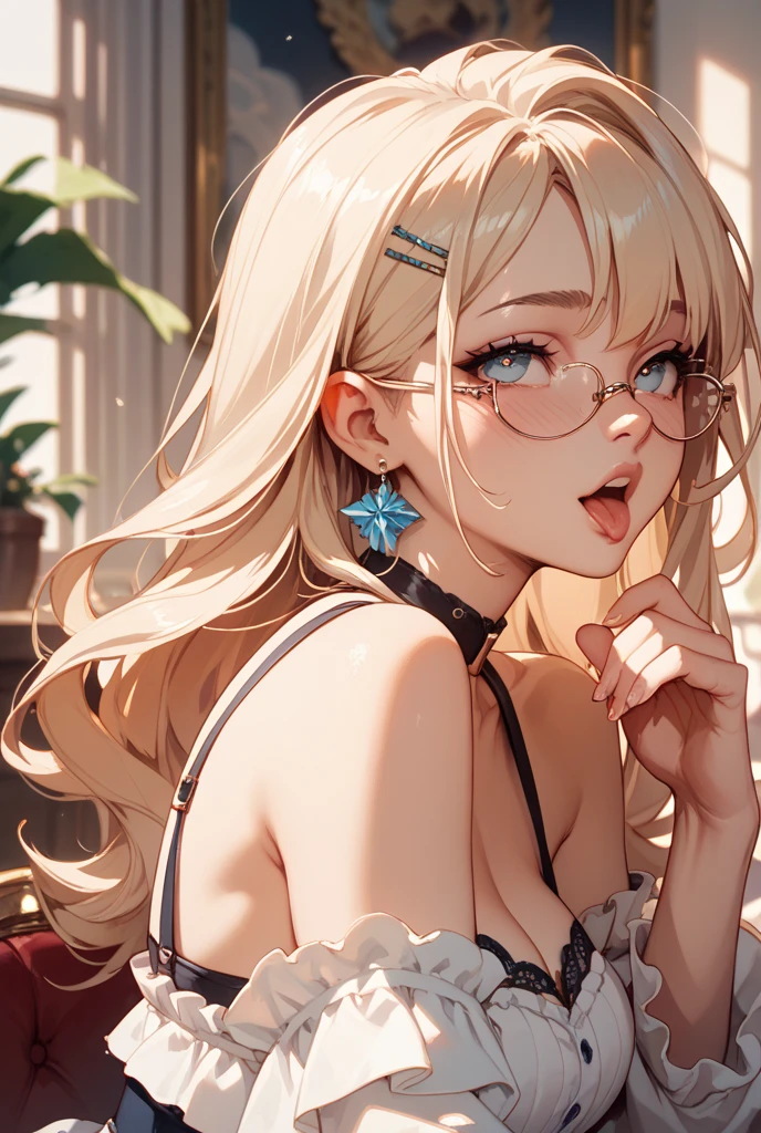 blush, ,glowing aura, natural light, masterpiece, glossy skin, juicy lips , ,sexy, ho, cleavage, ey lips, bimbo, hour glass, e hair, wide eyes, green eyes, massive , dark lighting, long hair, peace sign, eye closed, pink bow, oversized jumper, platform shoes, bow in hair, golden round glasses, sandy blonde hair